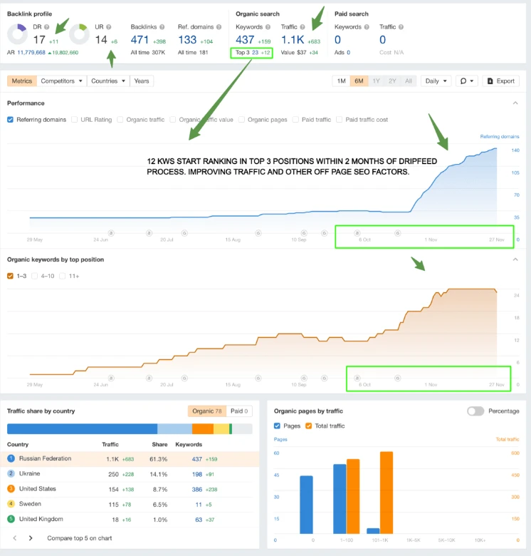 Ahrefs screenshot showing organic visibility growth for Moscow Private Tours including increases in referring domains, top 3 keywords, and organic traffic